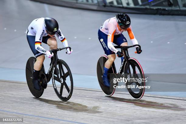 Laurine van Riessen of Netherlands and Pauline Sophie Grabosch of Germany in action on the Womens Sprint Quarterfinal Heat 4 race during the Day 2 of...