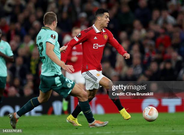 Cristiano Ronaldo of Manchester United passes the ball during the UEFA Europa League group E match between Manchester United and Omonia Nikosia at...