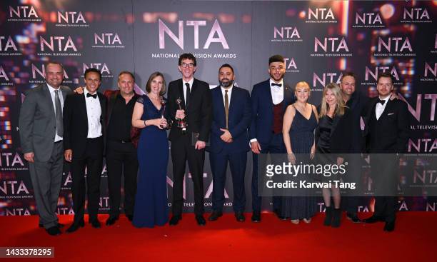 Mark Charnock and the cast and crew of Emmerdale ,with the Best Serial Drama award, in the winners' room at the National Television Awards 2022 at...