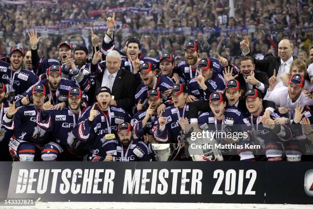 The team of Berlin pose with the Cup after winning the DEL final match between EHC Eisbaeren Berlin and Adler Mannheim at O2 World stadium on April...