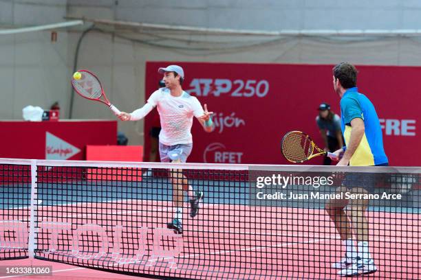 Sander Gille of Belgium and Fabrice Martin of France in action in their mens doubles quarter-final against David Pel and Sander Arends of the...