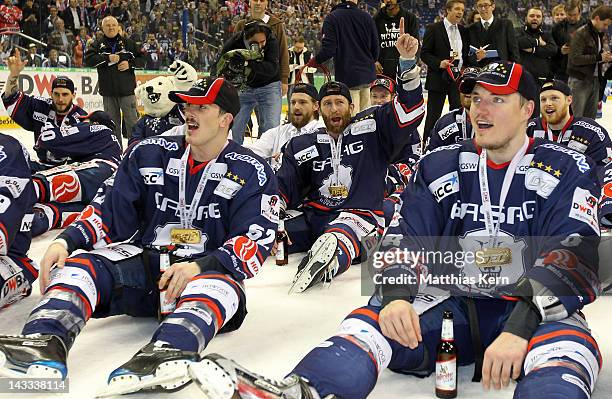 Sven Felski of Berlin and his team mates celebrate after winning the DEL final match between EHC Eisbaeren Berlin and Adler Mannheim at O2 World...