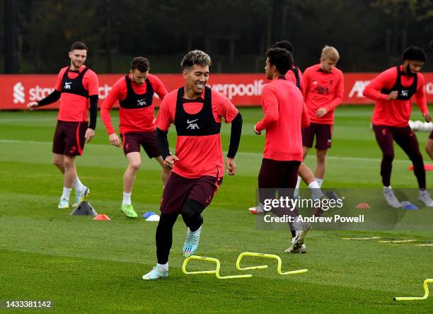 Roberto Firmino of Liverpool during a training session at AXA Training Centre on October 14, 2022 in Kirkby, England.