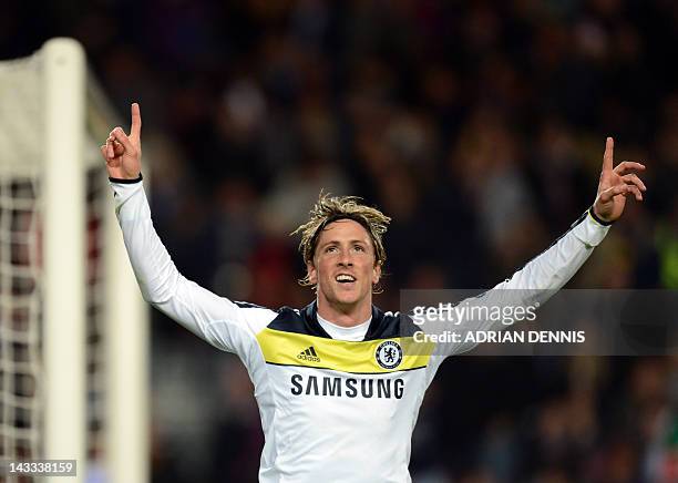 Chelsea's Spanish forward Fernando Torres celebrates after scoring during the UEFA Champions League second leg semi-final football match Barcelona...