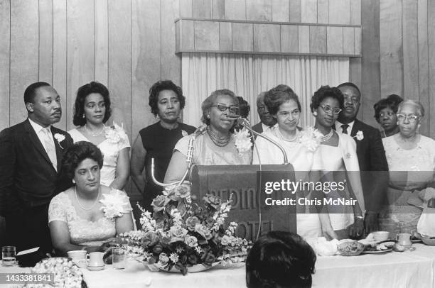 American educator and Civil Rights activist Septima Poinsette Clark speaks from behind a lectern during a SCLC banquet at the Redmont Hotel,...