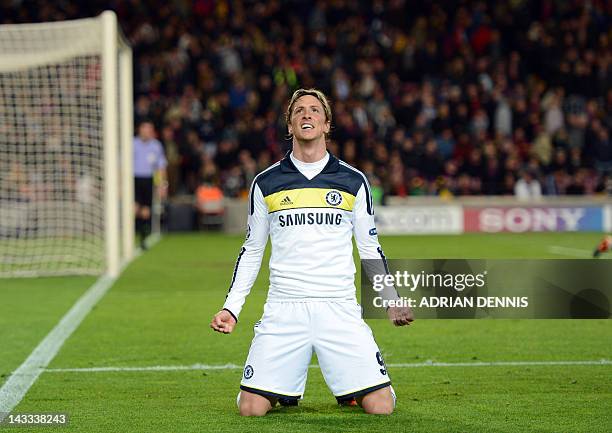Chelsea's Spanish forward Fernando Torres celebrates after scoring during the UEFA Champions League second leg semi-final football match Barcelona...