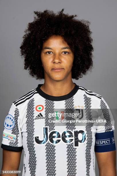 Sara Gama of Juventus poses for a photo during the Juventus UEFA Women's Champions League Portrait session at on October 13, 2022 in Turin, Italy.