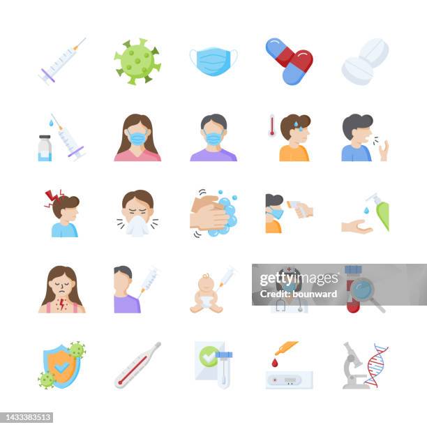 cold and flu, coronavirus and vaccination color line icons. - sore throat stock illustrations