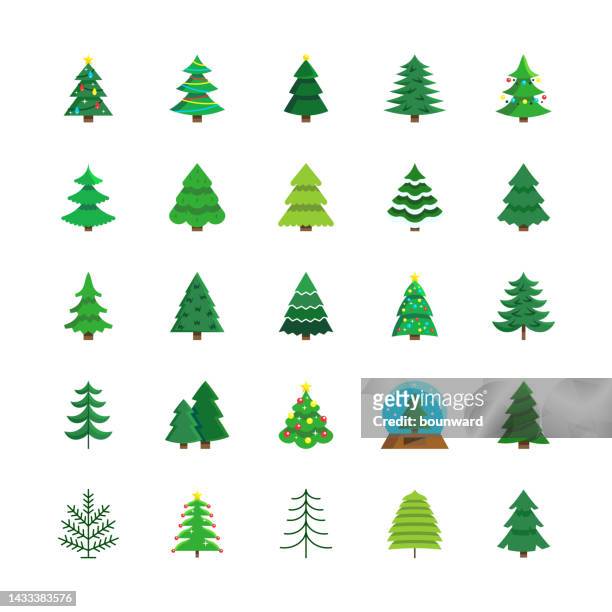 flache symbole in der farbe des weihnachtsbaums. - tannenarten stock-grafiken, -clipart, -cartoons und -symbole