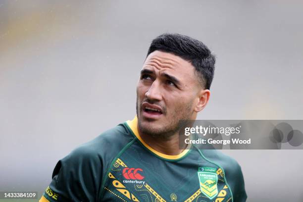 Valentine Holmes of Australia looks on during Kangaroos Captain's Run ahead of Rugby League World Cup 2021 at Emerald Headingley Stadium on October...