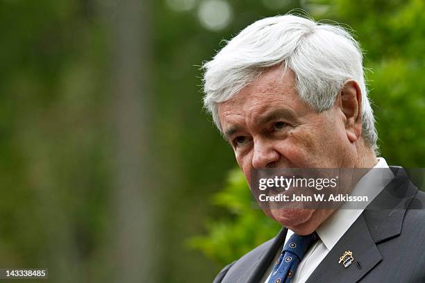 Republican presidential candidate, former Speaker of the House Newt Gingrich speaks to the media after touring the Billy Graham Library with his...