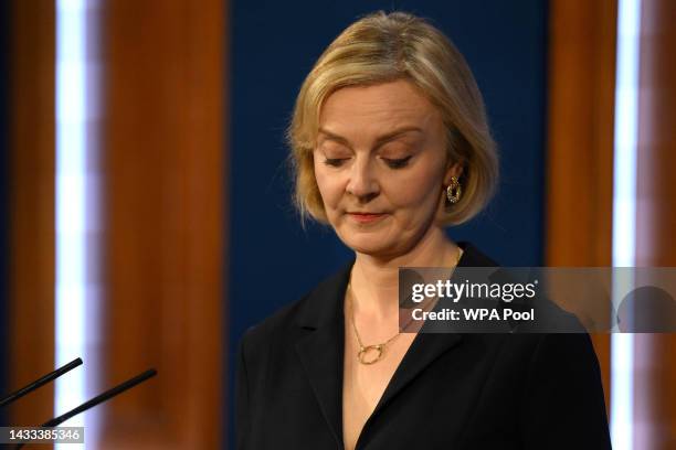 Prime Minister Liz Truss talks at a press conference in 10 Downing Street after sacking her former Chancellor, Kwasi Kwarteng, on October 14, 2022 in...