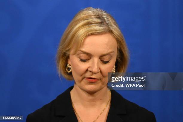 Prime Minister Liz Truss answers questions at a press conference in 10 Downing Street after sacking her former Chancellor, Kwasi Kwarteng, on October...