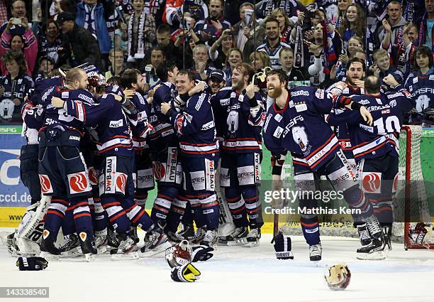 The team of Berlin celebrate after winning the DEL final match between EHC Eisbaeren Berlin and Adler Mannheim at O2 World stadium on April 24, 2012...