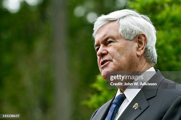 Republican presidential candidate, former Speaker of the House Newt Gingrich speaks to the media after touring the Billy Graham Library with his...