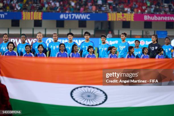 Players of India line up prior to the FIFA U-17 Women's World Cup 2022 Group A match between India and Morocco at Kalinga Stadium on October 14, 2022...