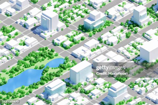 stadtplanung für nachhaltigen lebensstil: projekt green city - isometrische darstellung stock-fotos und bilder
