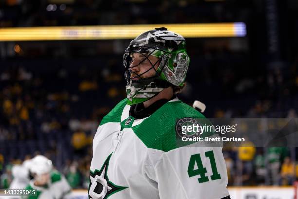 Scott Wedgewood of the Dallas Stars warms up before the game against the Nashville Predators at Bridgestone Arena on October 13, 2022 in Nashville,...
