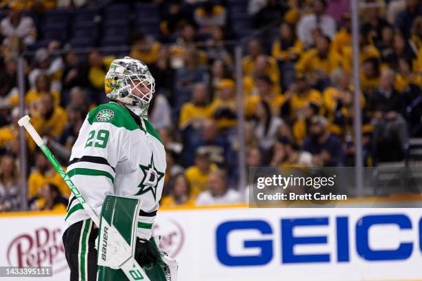 Jake Oettinger of the Dallas Stars skates away from the net during the third period against the Nashville Predators at Bridgestone Arena on October...