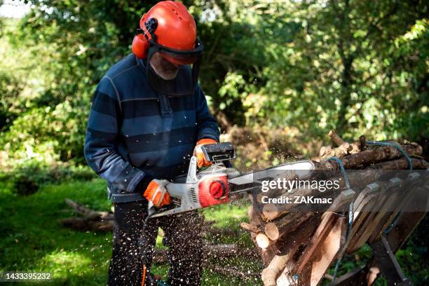 tree surgeon man cutting wood, using an electrical chainsaw, in a woodland - stock photo - chainsaw stock pictures, royalty-free photos & images