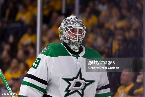 Jake Oettinger of the Dallas Stars skates from the net during the first period against the Nashville Predators at Bridgestone Arena on October 13,...