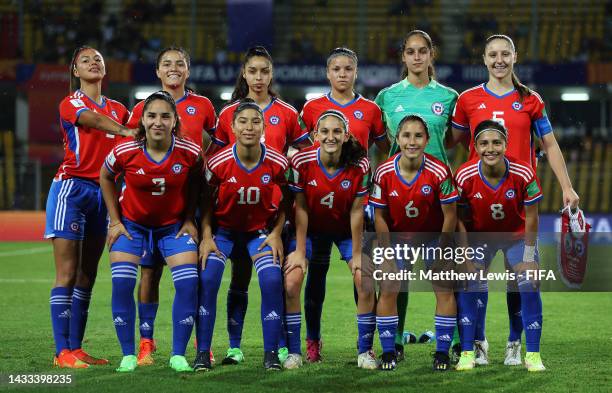 Chile pose for a team photo during the Group B match between Germany and Chile of the FIFA U-17 Women's World Cup 2022 at Pandit Jawaharlal Nehru...