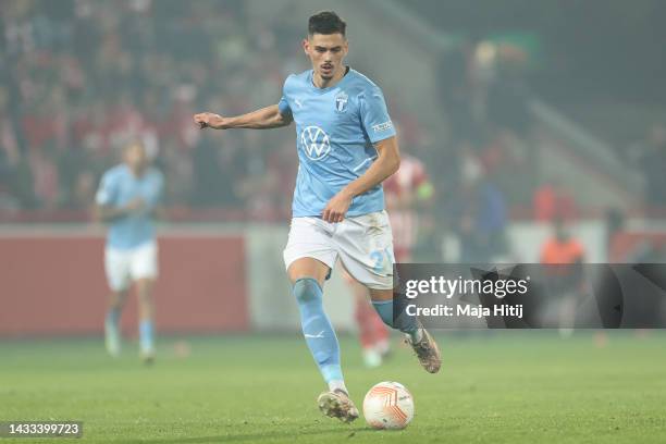 Dennis Hadzikadunic of Malmo controls the ball during the UEFA Europa League group D match between 1. FC Union Berlin and Malmo FF at Stadion an der...