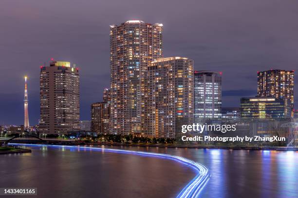 night view of tokyo kachidoki aera, japan. - kachidoki tokyo stock pictures, royalty-free photos & images