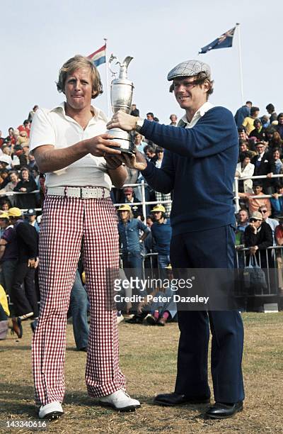 Tom Watson of the USA poses before the 18 hole play-off with Jack Newton of Australia during the 1975 Open Championship at Carnoustie on July 13,...