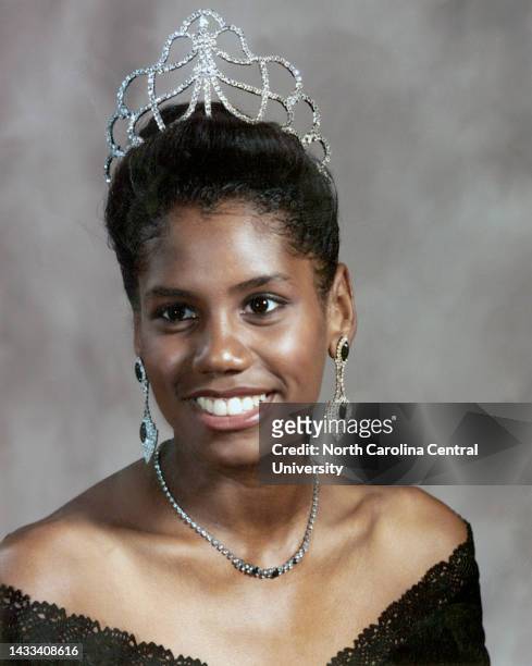 Portrait of smiling North Carolina Central University's Miss Alicia Ja Broadway in her official crown. She was a native of Kannapolis, North Carolina...