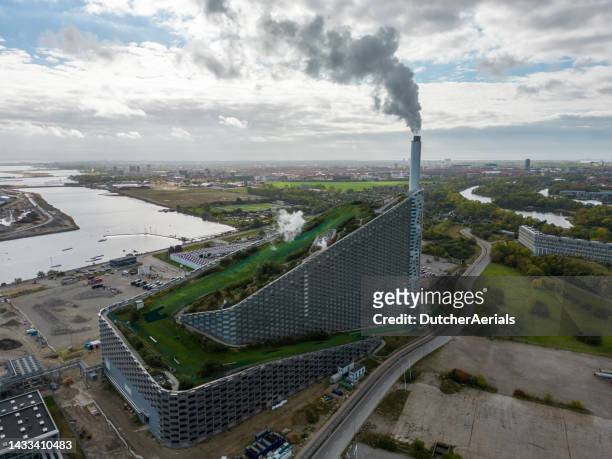 copenhill building ski slope aerial view - amager stock pictures, royalty-free photos & images