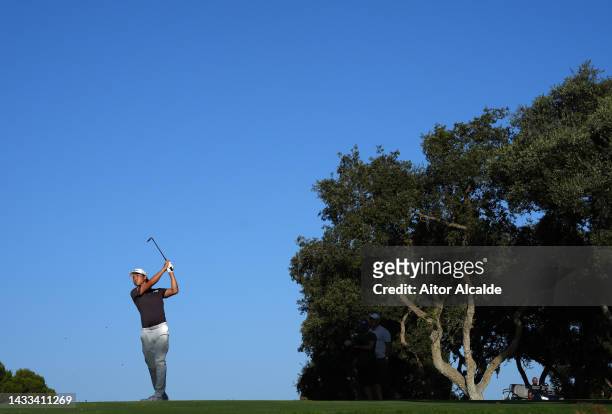 Min Woo Lee of Australia plays their second shot on the 16th hole during Day Two of the Estrella Damm N.A. Andalucía Masters at Real Club Valderrama...