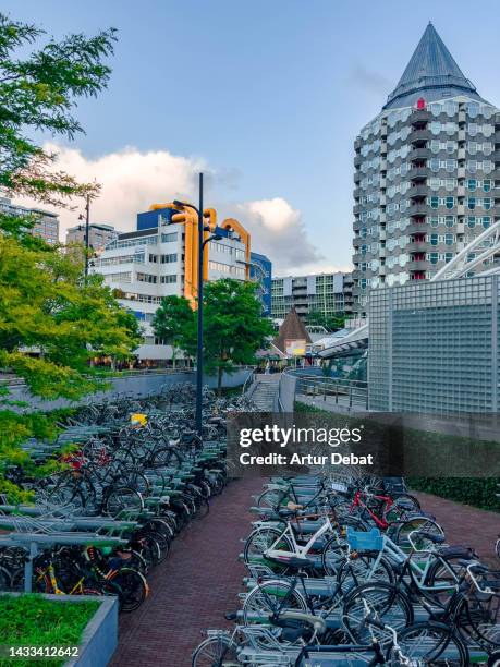 the center of rotterdam with big bicycle parking and urban skyline. - rotterdam skyline stock pictures, royalty-free photos & images