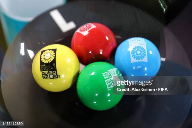 Detailed view of the balls containing the teams and groups in the draw are pictured during FIFA Women's World Cup 2023 Play-Off Tournament Draw at...
