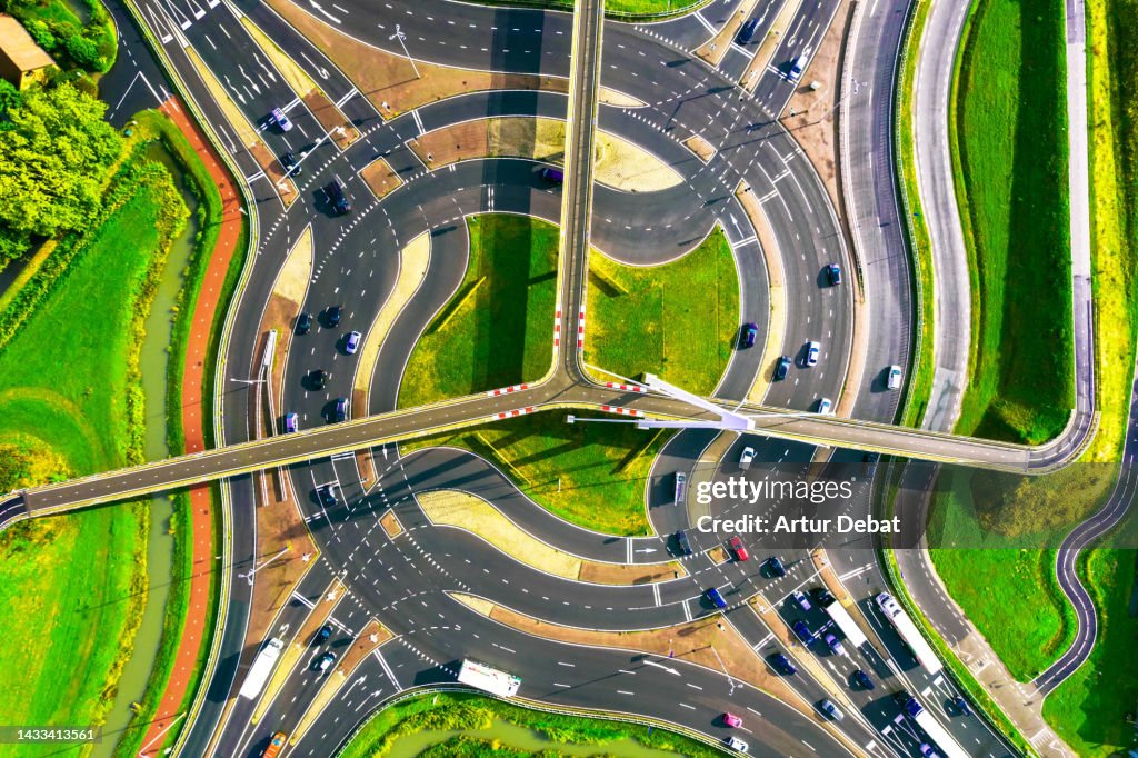Directly above view of the Snelbinder turbo roundabout in the Netherlands with urban intersection.