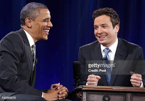President Barack Obama speaks with host Jimmy Fallon during an appearance on Late Night with Jimmy Fallon at Memorial Hall on the UNC campus on April...