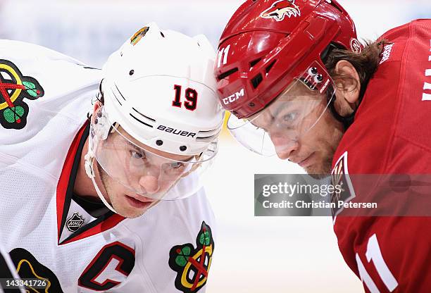 Jonathan Toews of the Chicago Blackhawks faces off against Martin Hanzal of the Phoenix Coyotes in Game One of the Western Conference Quarterfinals...