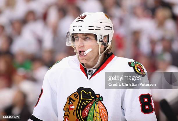 Patrick Kane of the Chicago Blackhawks in action during Game One of the Western Conference Quarterfinals against the Phoenix Coyotes during the 2012...