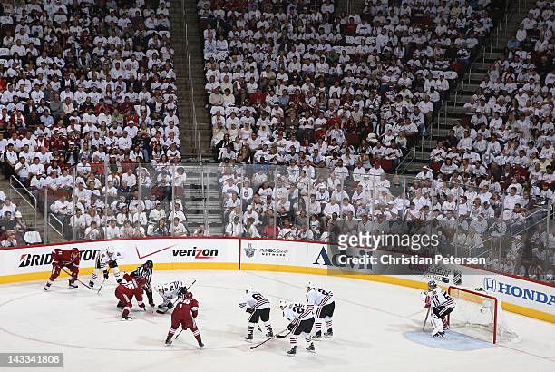 General view of action between the Chicago Blackhawks and the Phoenix Coyotes in Game One of the Western Conference Quarterfinals during the 2012 NHL...