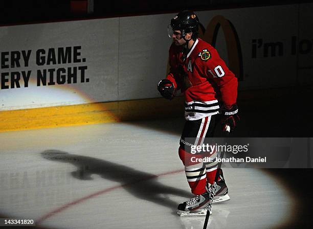 Patrick Sharp of the Chicago Blackhawks skates during player introductions before Game Six of the Western Conference Quarterfinals against the...