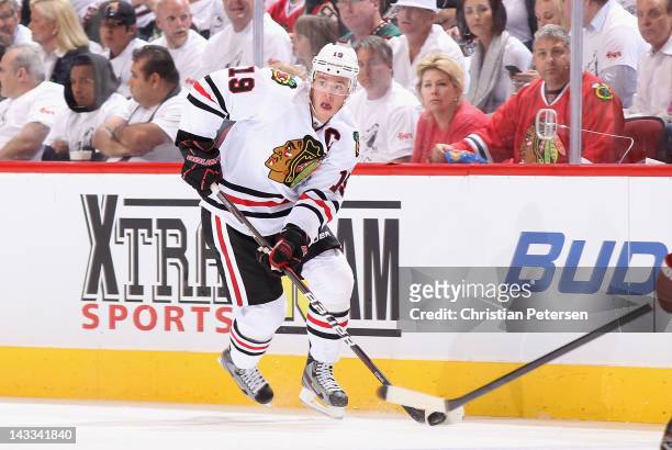 Jonathan Toews of the Chicago Blackhawks skates with the puck during Game One of the Western Conference Quarterfinals against the Phoenix Coyotes...