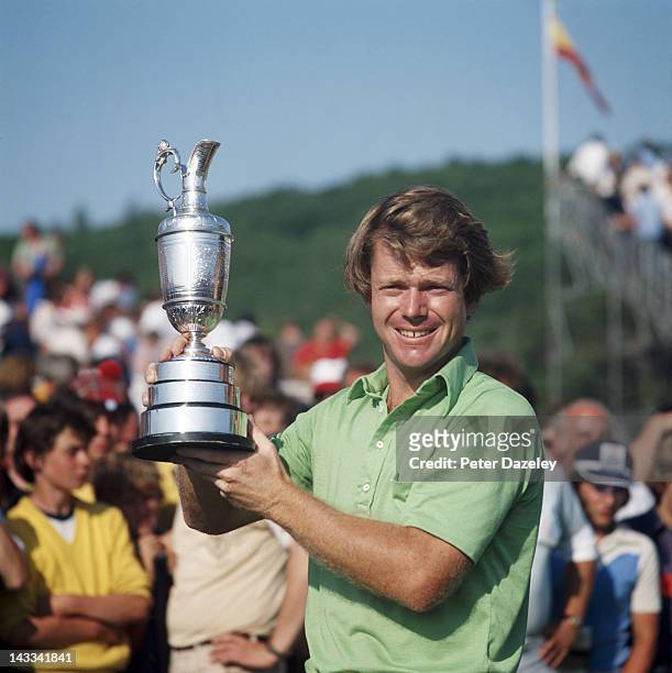 Tom Watson of the USA holds the Claret Jug after his triumph against Jack Nicklaus during the final round of the 1977 Open Championship on the Ailsa...