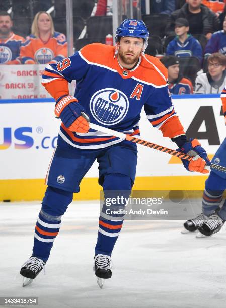 Leon Draisaitl of the Edmonton Oilers participates in the pre-game skate before the game against the Vancouver Canucks on October 12, 2022 at Rogers...