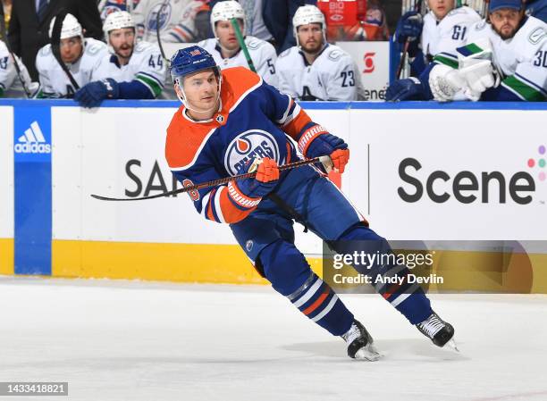 Zach Hyman of the Edmonton Oilers skates during the game against the Vancouver Canucks on October 12, 2022 at Rogers Place in Edmonton, Alberta,...