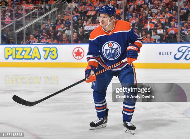 Zach Hyman of the Edmonton Oilers skates during the game against the Vancouver Canucks on October 12, 2022 at Rogers Place in Edmonton, Alberta,...