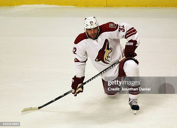 Michal Rozsival of the Phoenix Coyotes rests during a break in the game against the Chicago Blackhawks during Game Six of the Western Conference...