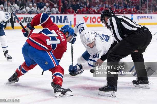 Jake Evans of the Montreal Canadiens face off against John Tavares of the Toronto Maple Leafs during the third periodin the NHL regular season game...