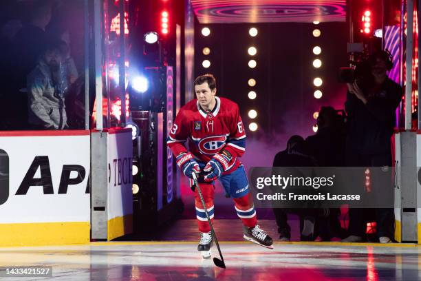 Evgenii Dadonov of the Montreal Canadiens takes to the ice in the pregame ceremony prior to the NHL game against the Toronto Maple Leafs at the Bell...