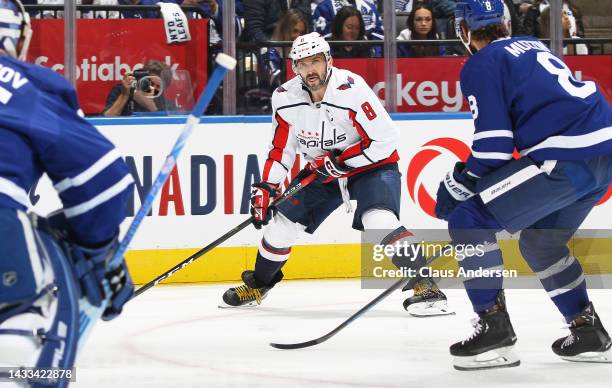Alex Ovechkin of the Washington Capitals gets set to fire a shot against Ilya Samsonov of the Toronto Maple Leafs during an NHL game at Scotiabank...