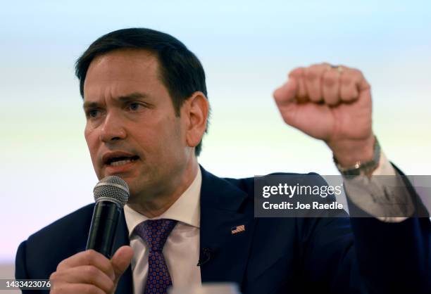 Sen. Marco Rubio speaks as he campaigns with Cuban-American leaders at the American Museum of The Cuban Diaspora on October 14, 2022 in Miami,...